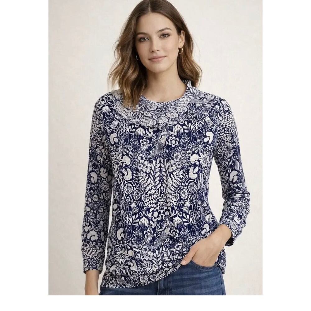 J. Crew Mermaid Ruffle Tippi Sweater Blue Toile Nautical Size S Merino Wool RARE